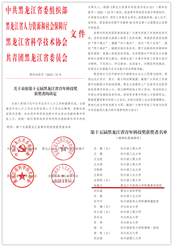 科学技术协会,团省委联合下发《关于表彰第十五届黑龙江省青年科技奖